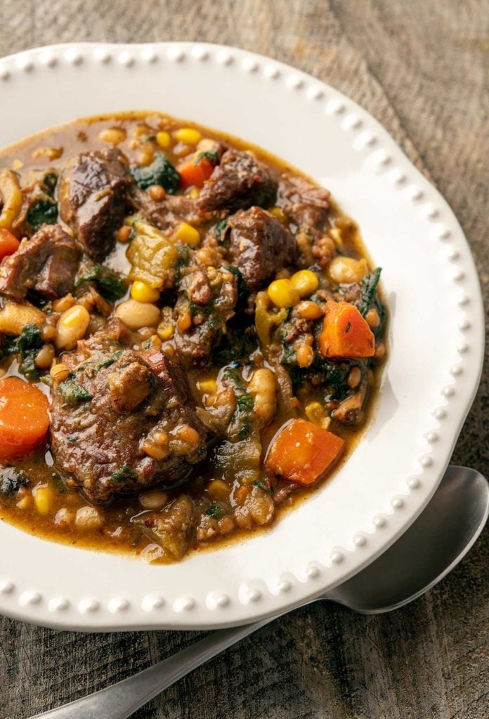 Closeup image of a bowl of elk stew. 