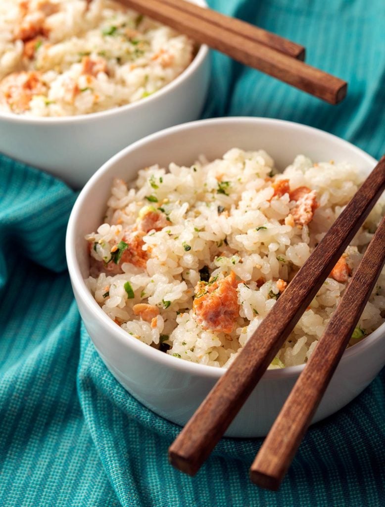 Closeup of a bowl of Japanese salmon rice. 