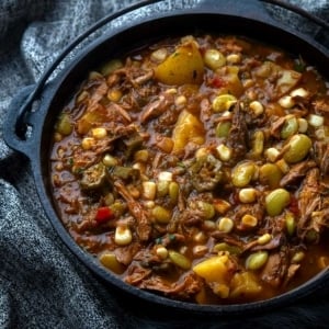 Closeup of a pot of Brunswick stew