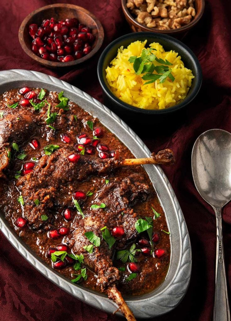 Closeup of the platter of fesenjan stew. 