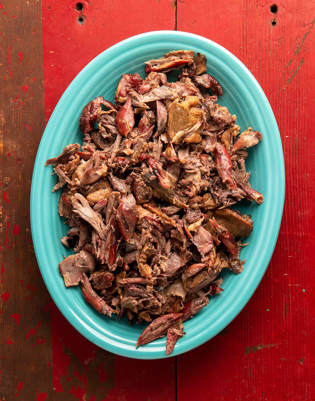 A platter of pulled duck. 