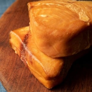 Closeup of smoked swordfish recipe.