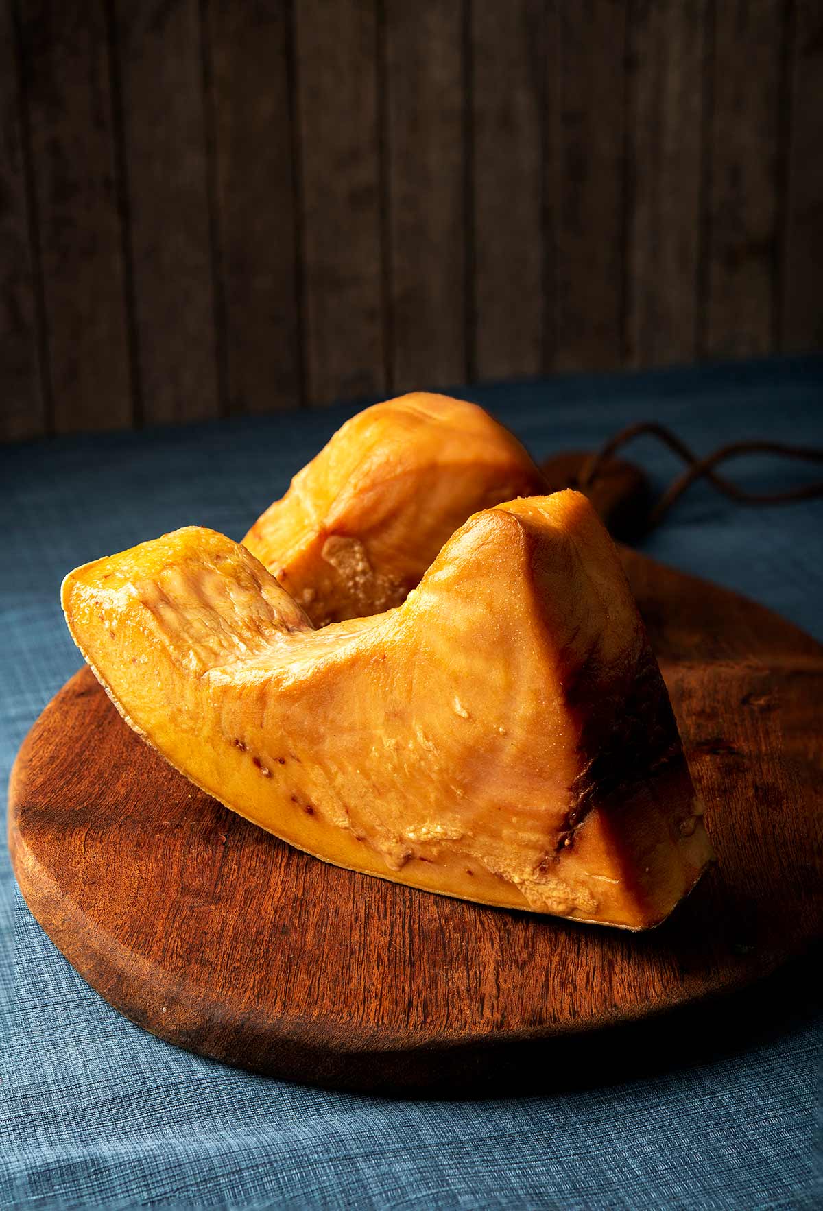 Smoked swordfish on a cutting board. 