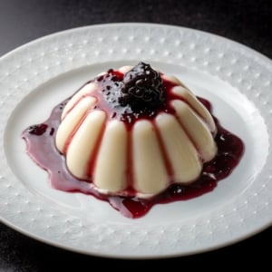 Blackberry panna cotta on a dessert plate.