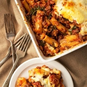 Closeup of the venison casserole, showing what's under the cheese.