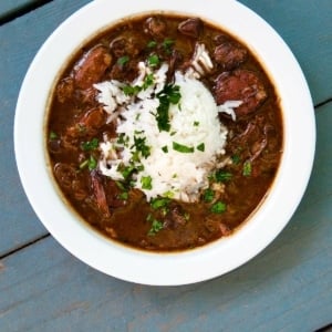 A bowl of Cajun gumbo made with venison and sausage.