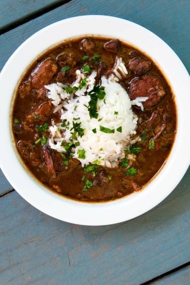 A bowl of Cajun gumbo made with venison and sausage.