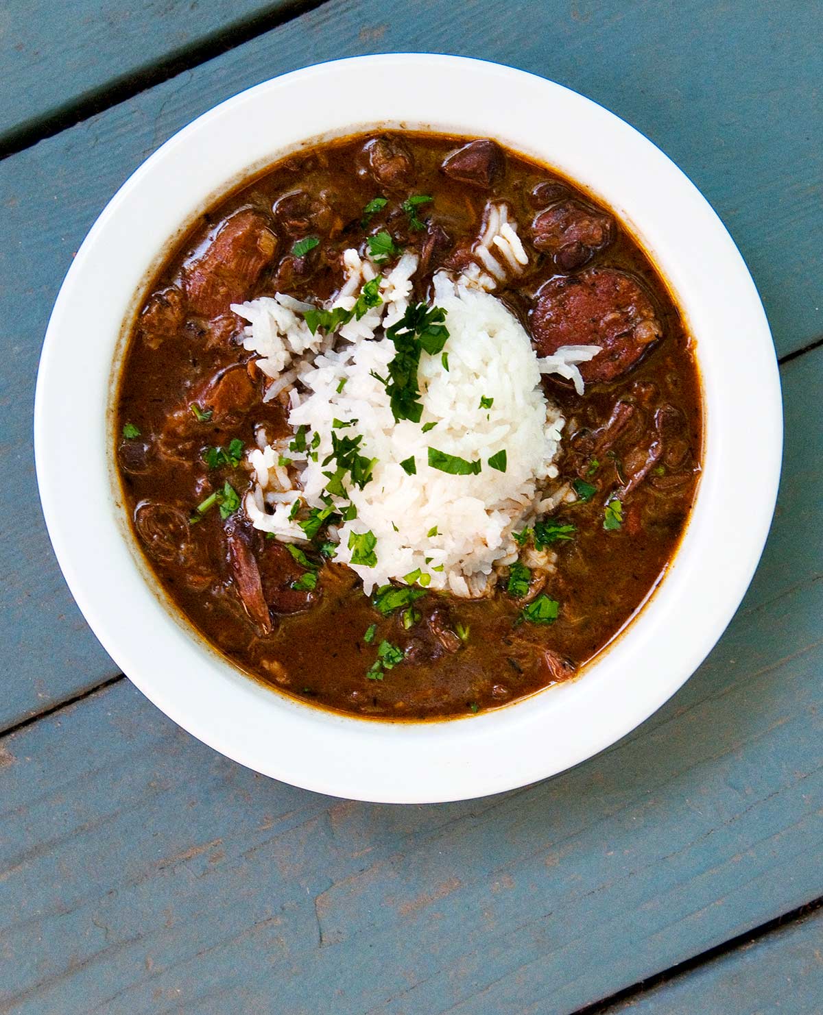 A bowl of Cajun gumbo made with venison and sausage. 