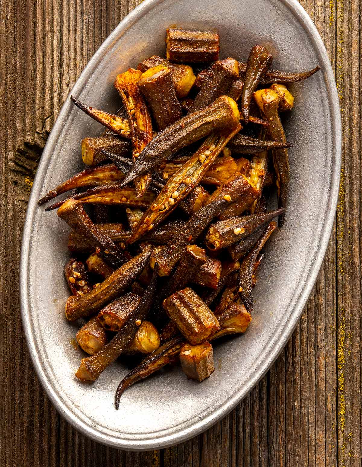 Roasted okra on a platter. 