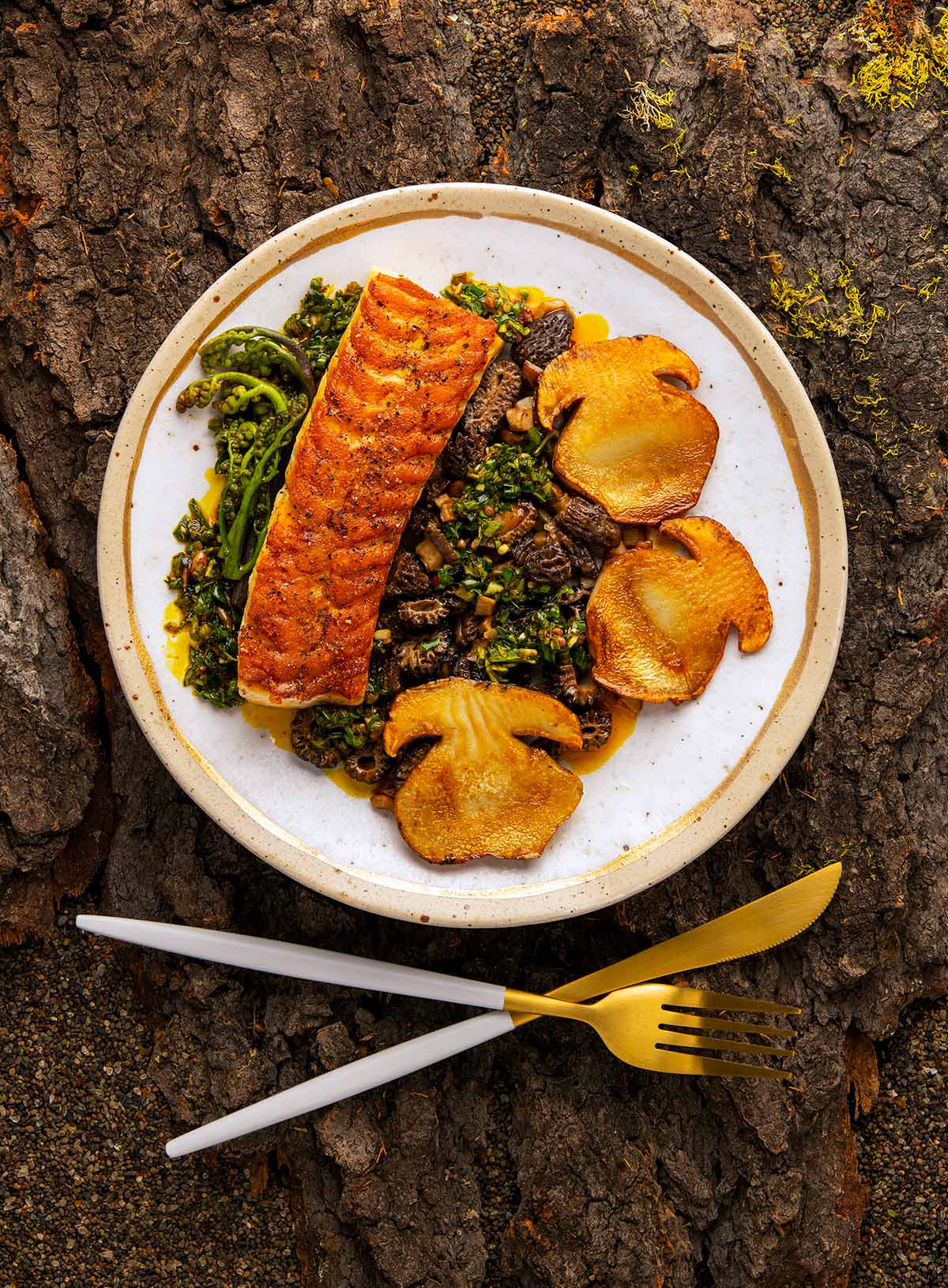 Seared lake trout, porcini and morels on a plate.