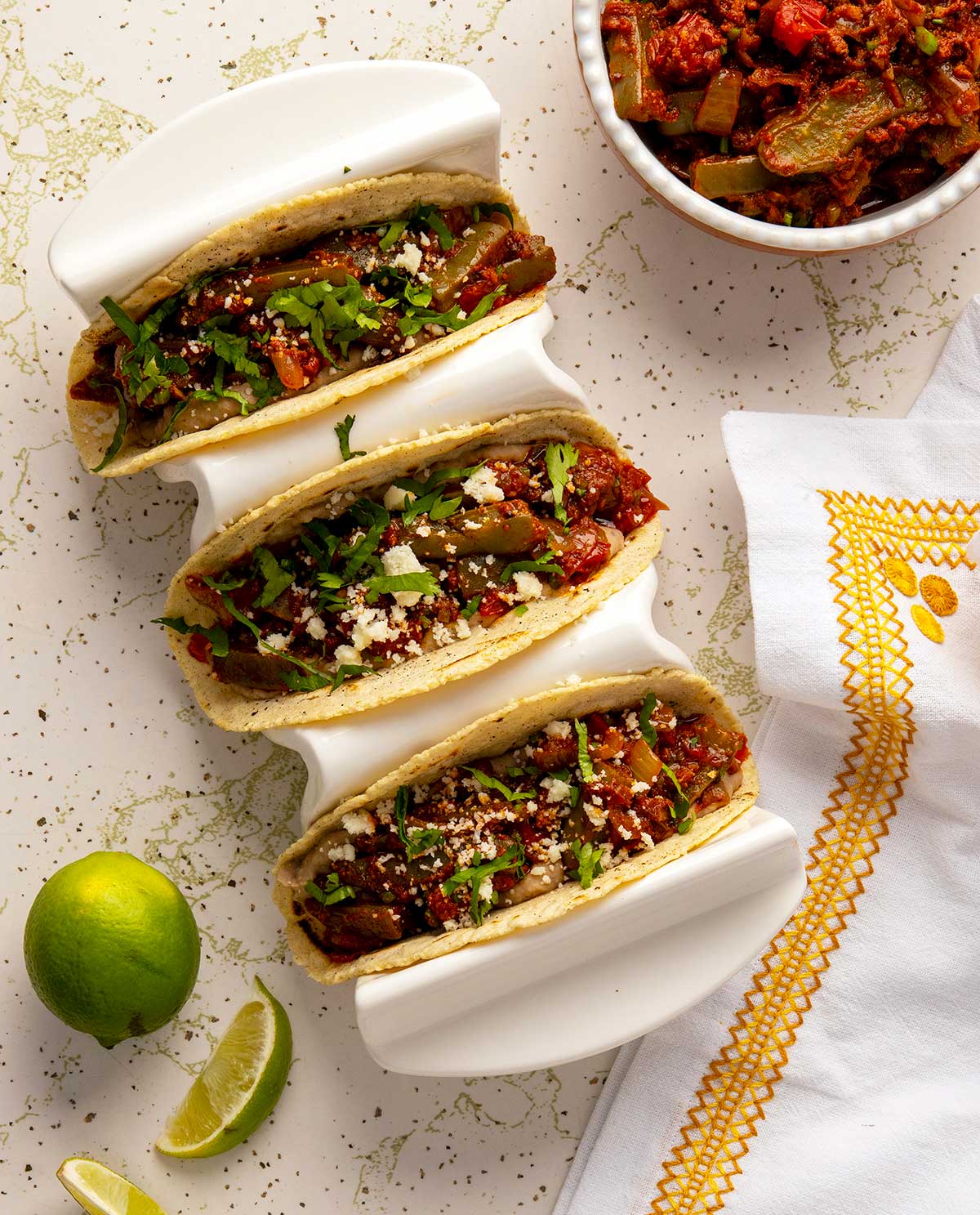 Three nopales tacos ready to eat. 