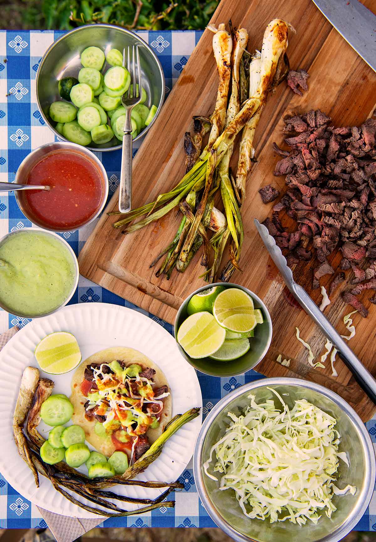 The full spread for carne asada tacos: meat, salsas, cabbage, tortillas, and green onions. 