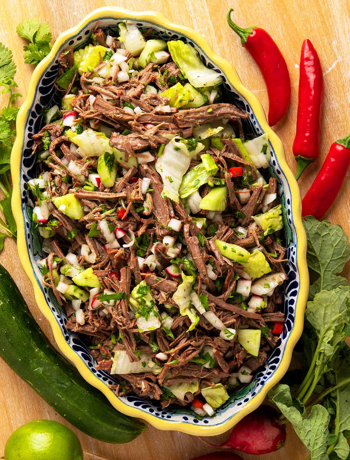 A platter of salpicón de venado, shredded venison salad. 