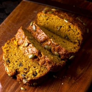 Close up of sliced butternut squash bread.