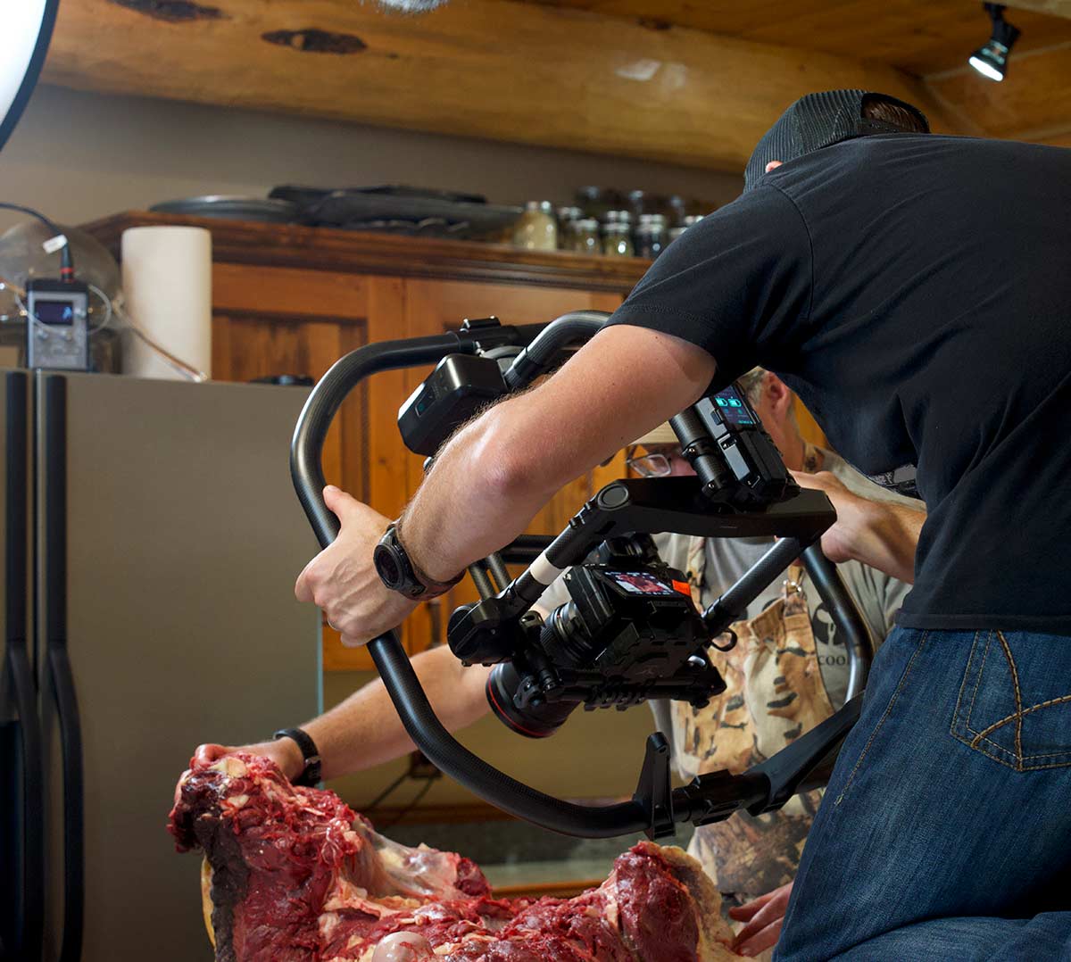 Filming Hank Shaw butchering a bison. 
