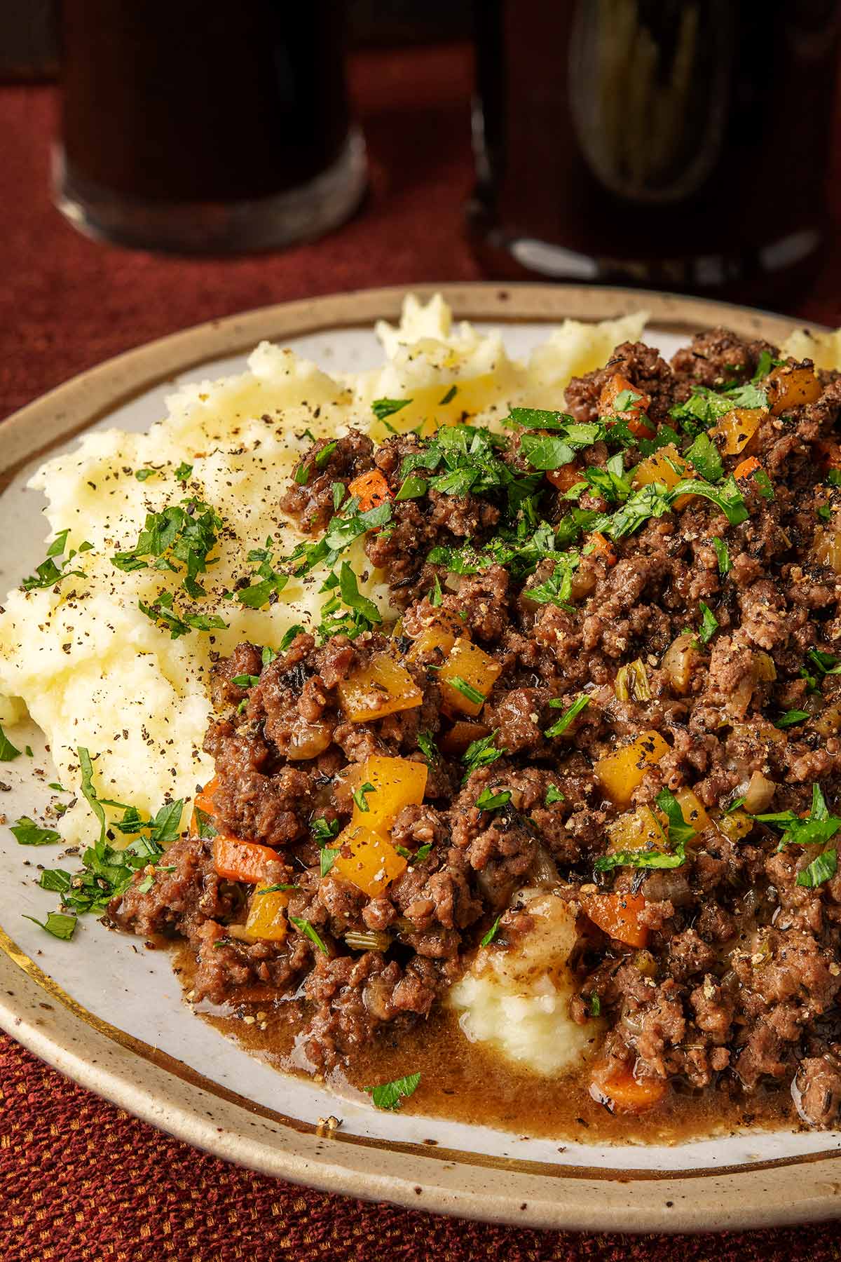 Close up view of a plate of mince and tatties. 