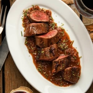 Close up of seared venison tenderloin.