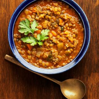 A bowl of Mexican lentil soup.