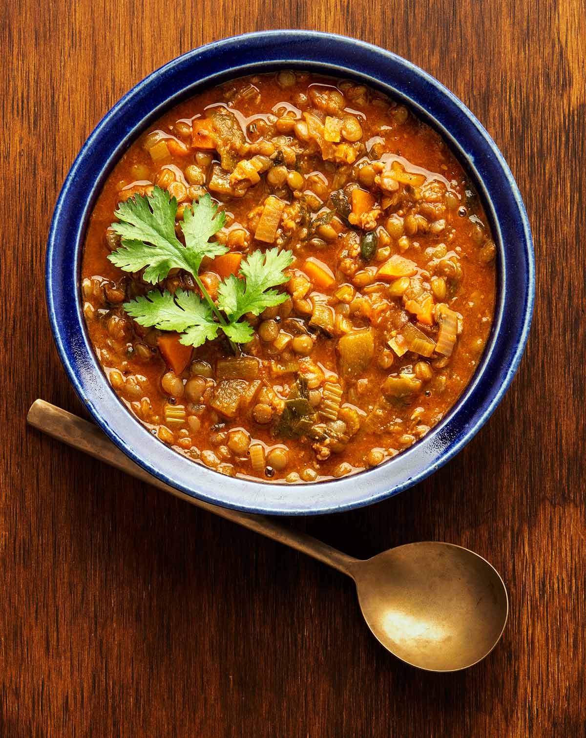 A bowl of Mexican lentil soup.