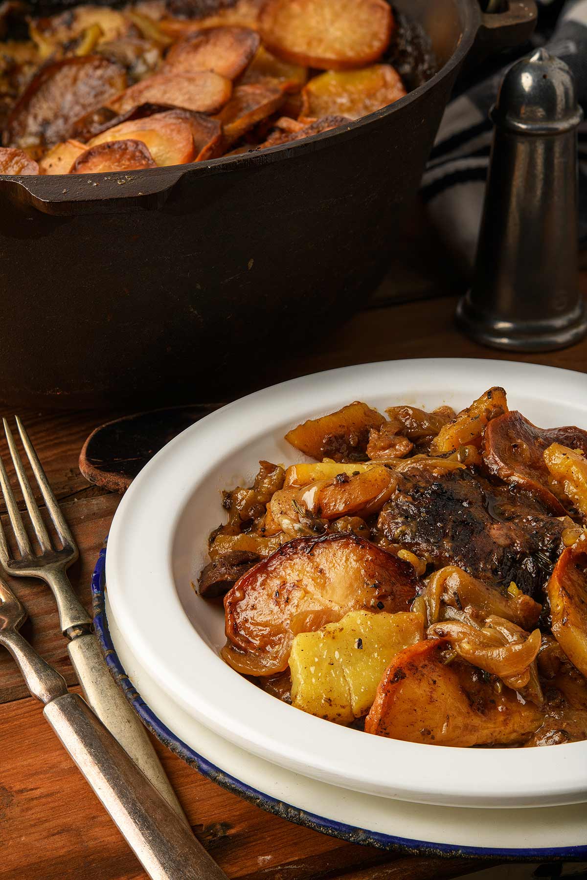 A serving of venison hotpot in a bowl. 