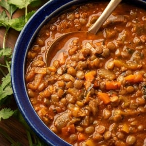 Close up of a bowl of sopa de lentejas, Mexican lentil soup.