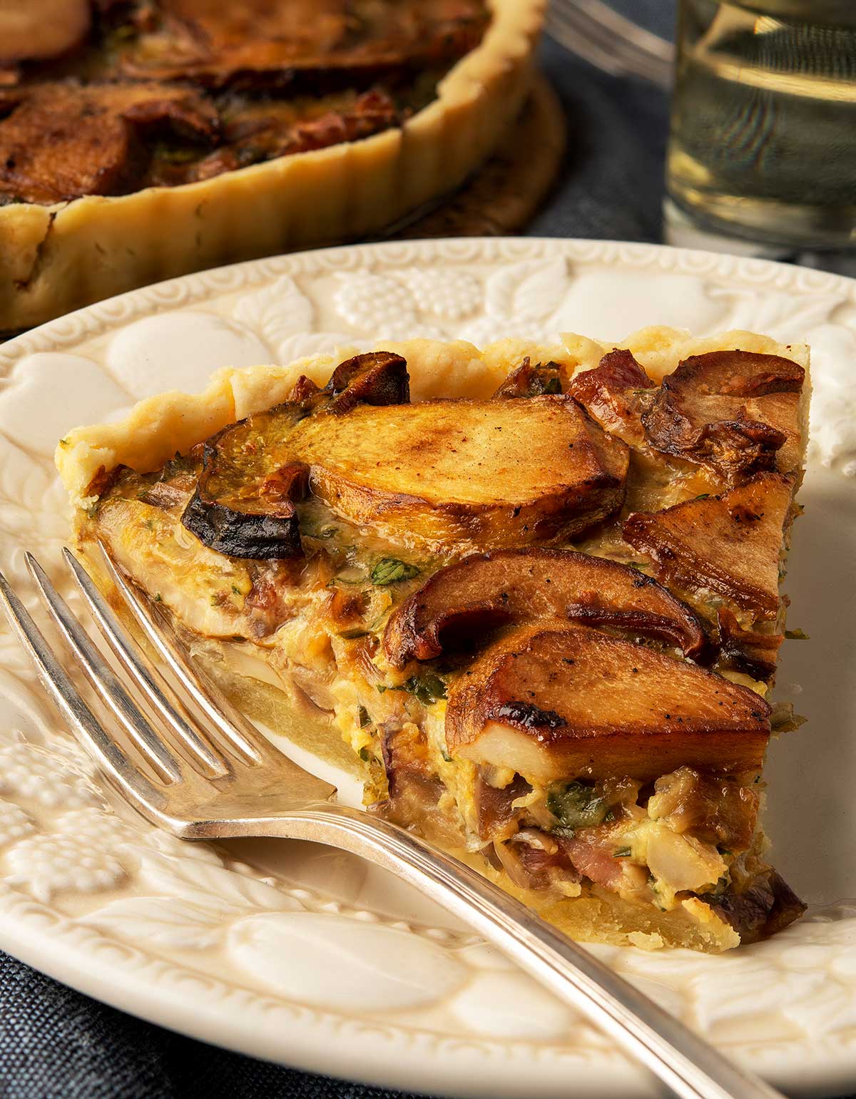 A slice of mushroom tart made with porcini. 