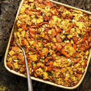 A casserole dish of wild mushroom stuffing, ready to eat.