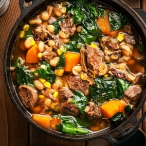 A pot of bison stew with corn, beans, and squash.