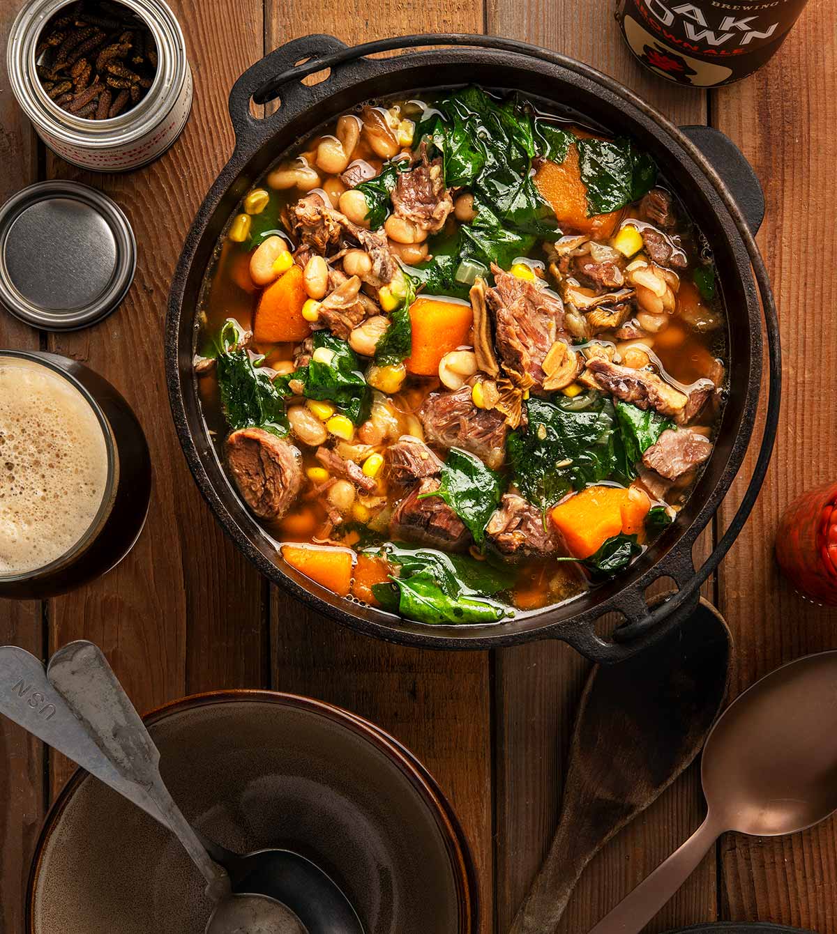 A pot of bison stew done three sisters style, with corn, beans and squash. 