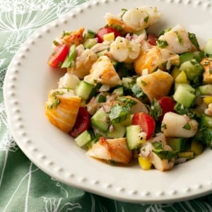 Close up of a plate of lobster salad.