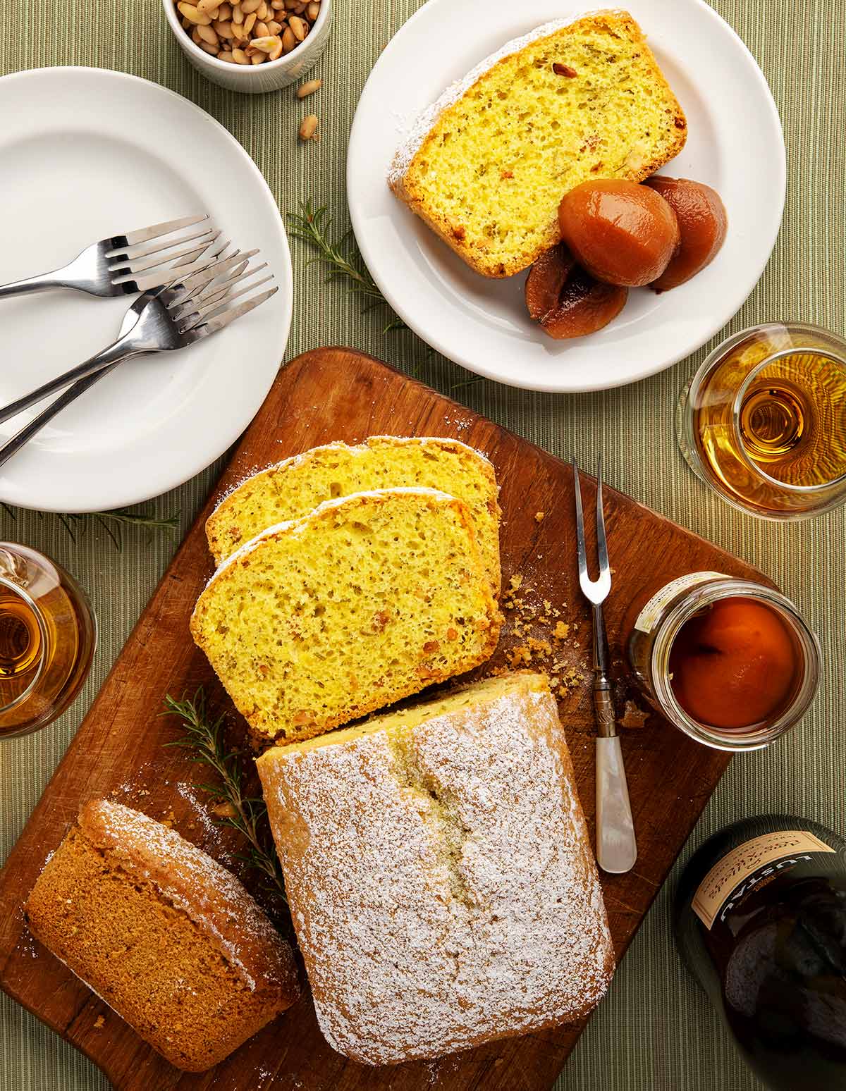 A loaf of olive oil rosemary bread with preserved pears and sherry. 