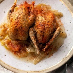 Spanish quail on a plate with onions and paprika.