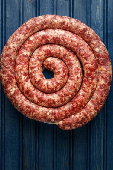 A coil of freshly made Cumberland sausage.