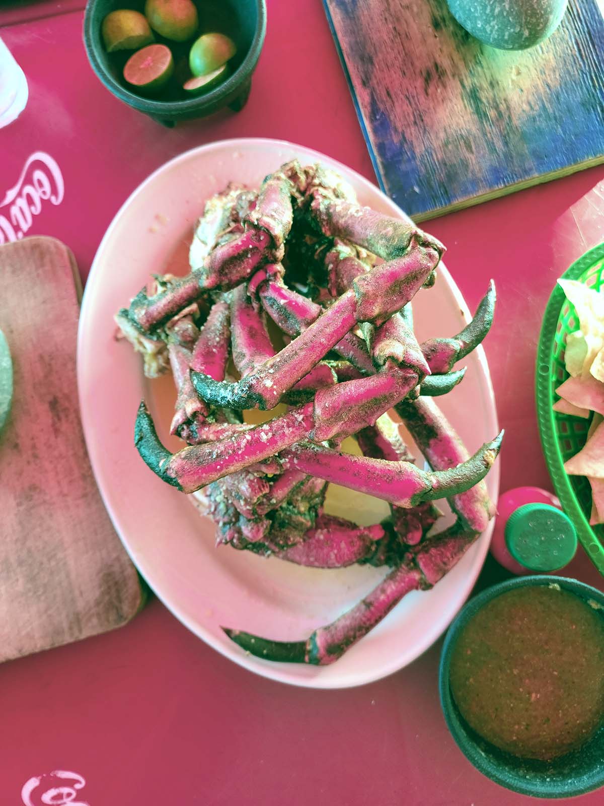 A plate of spider crab legs, marcianos, in Popotla, Mexico. 