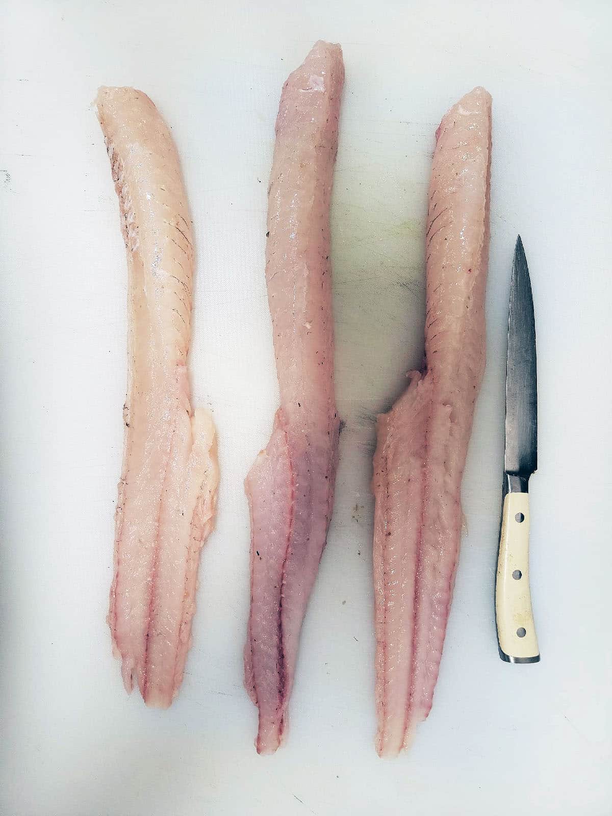 Burbot fillets on a cutting board, showing the thick and thin portions. 