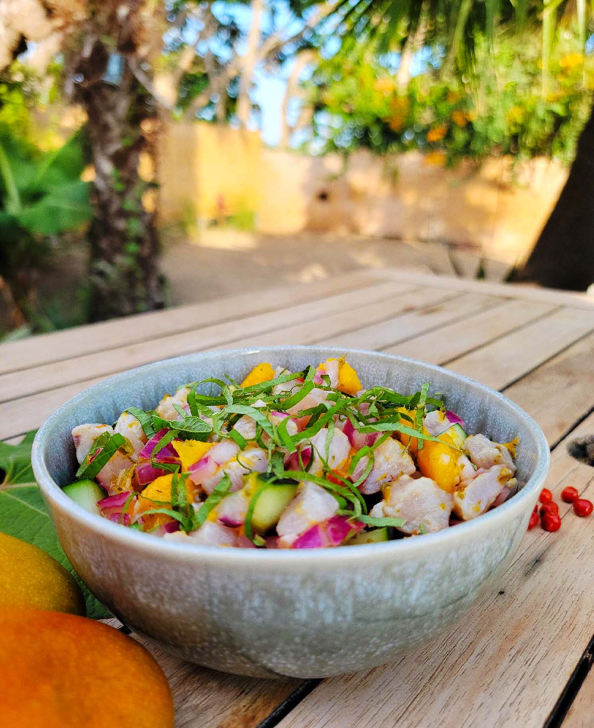 A bowl of mahi mahi ceviche on a backyard table in Todos Santos, Mexico. 