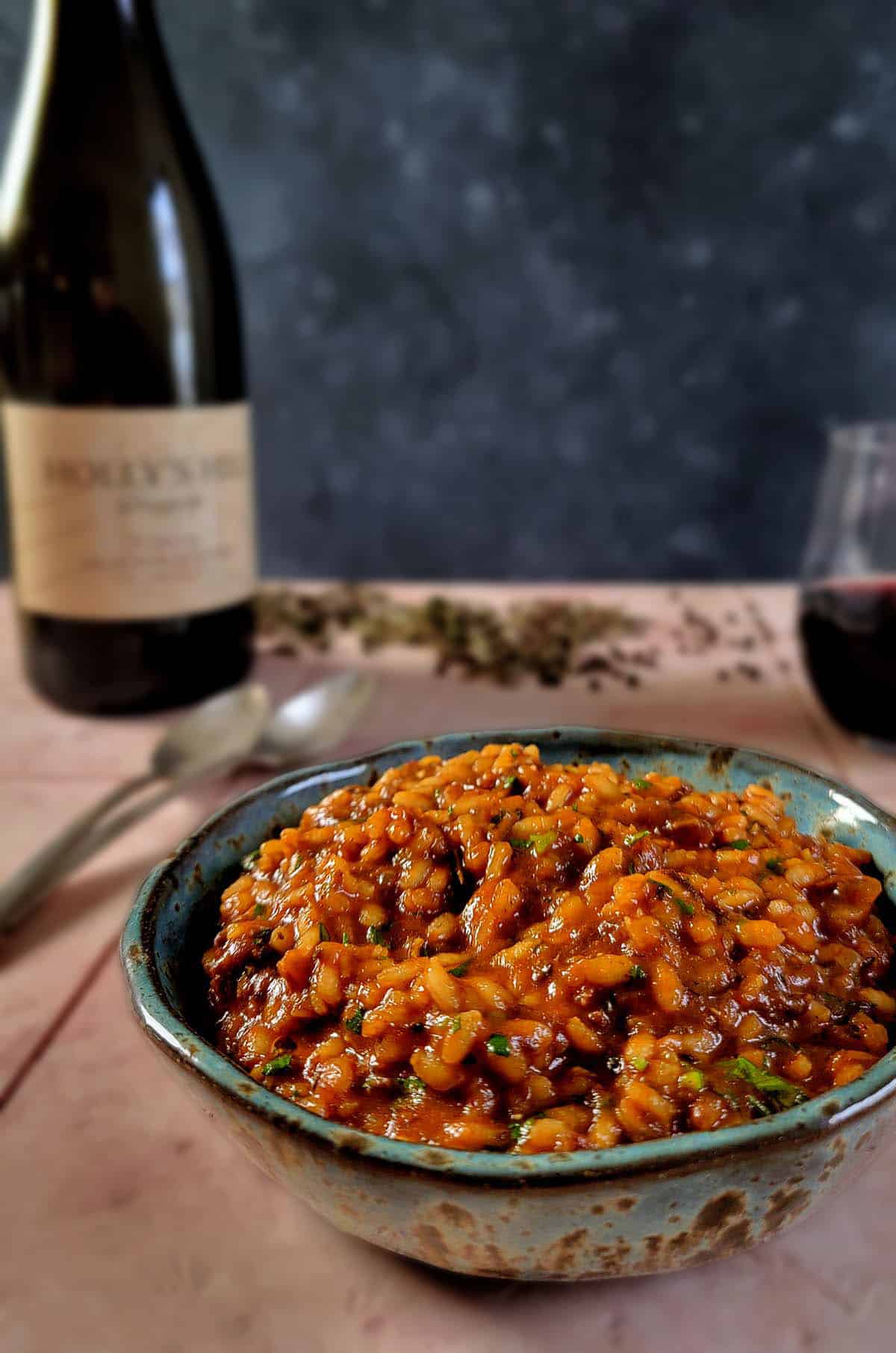 Close up of a bowl of venison rice, with a glass of wine. 