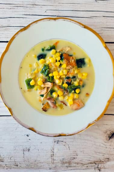 A bowl of poblano corn chowder.