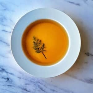 A bowl of chicken consomme with a dill leaf garnish.