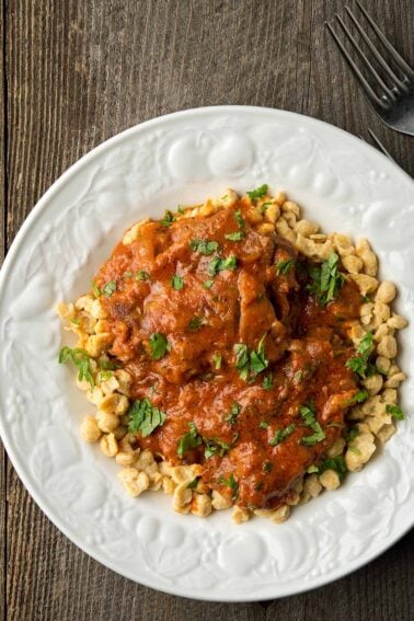 A plate of pheasant paprikash with nokedli dumplings.