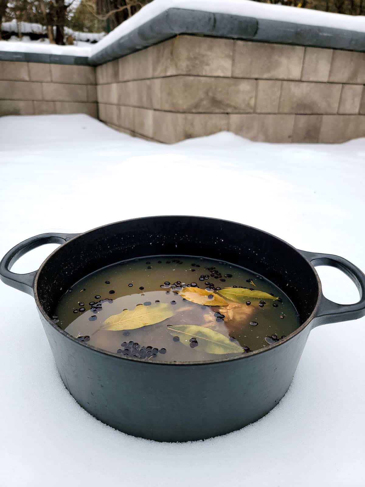 Frost bump venison, tjalknol, brining in a pot in the snow. 