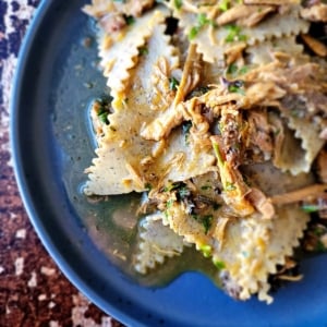 Close up image of blecs, buckwheat pasta, on a plate with a chicken sauce.