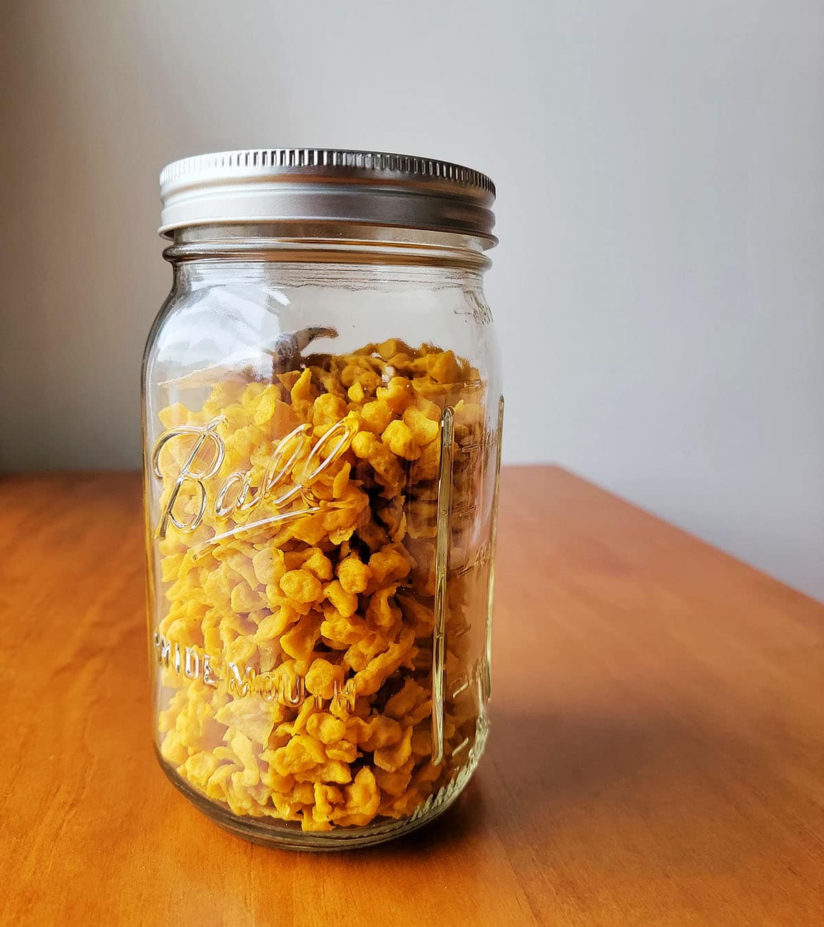 A jar of dried squash spaetzle. 