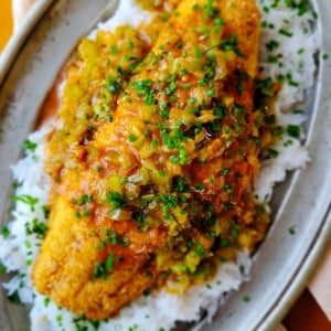 Close up of catfish etouffee over rice.